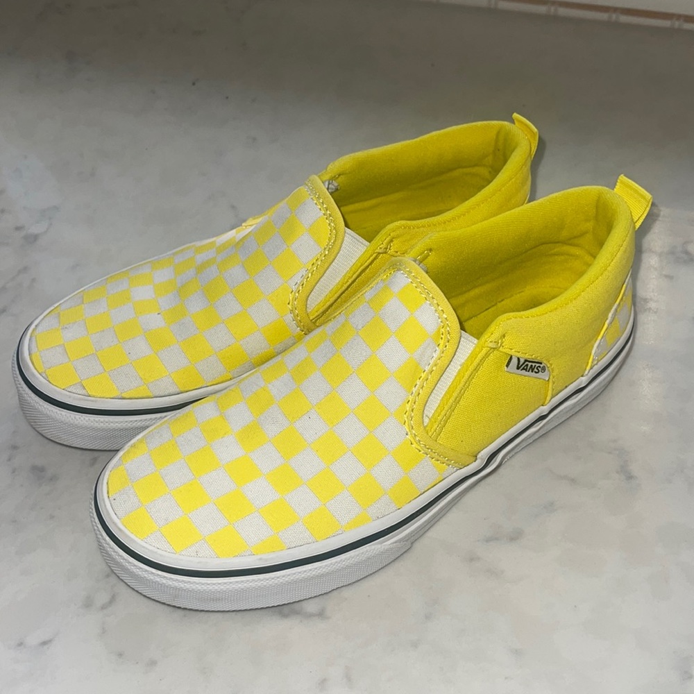 Kids yellow and white check vans slip on shoes size 3 GUC